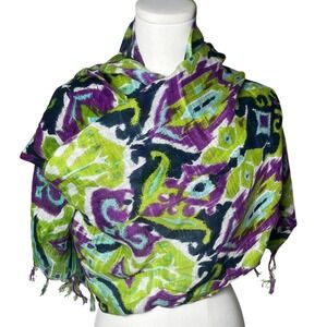 Boho Ikat Print Scarf Wrap Fringe Lime Purple Teal Lightweight Shawl